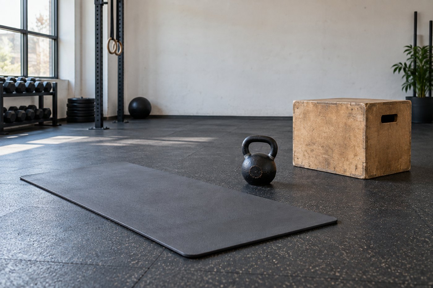 Mat, kettlebell and exercise box arranged for a circuit