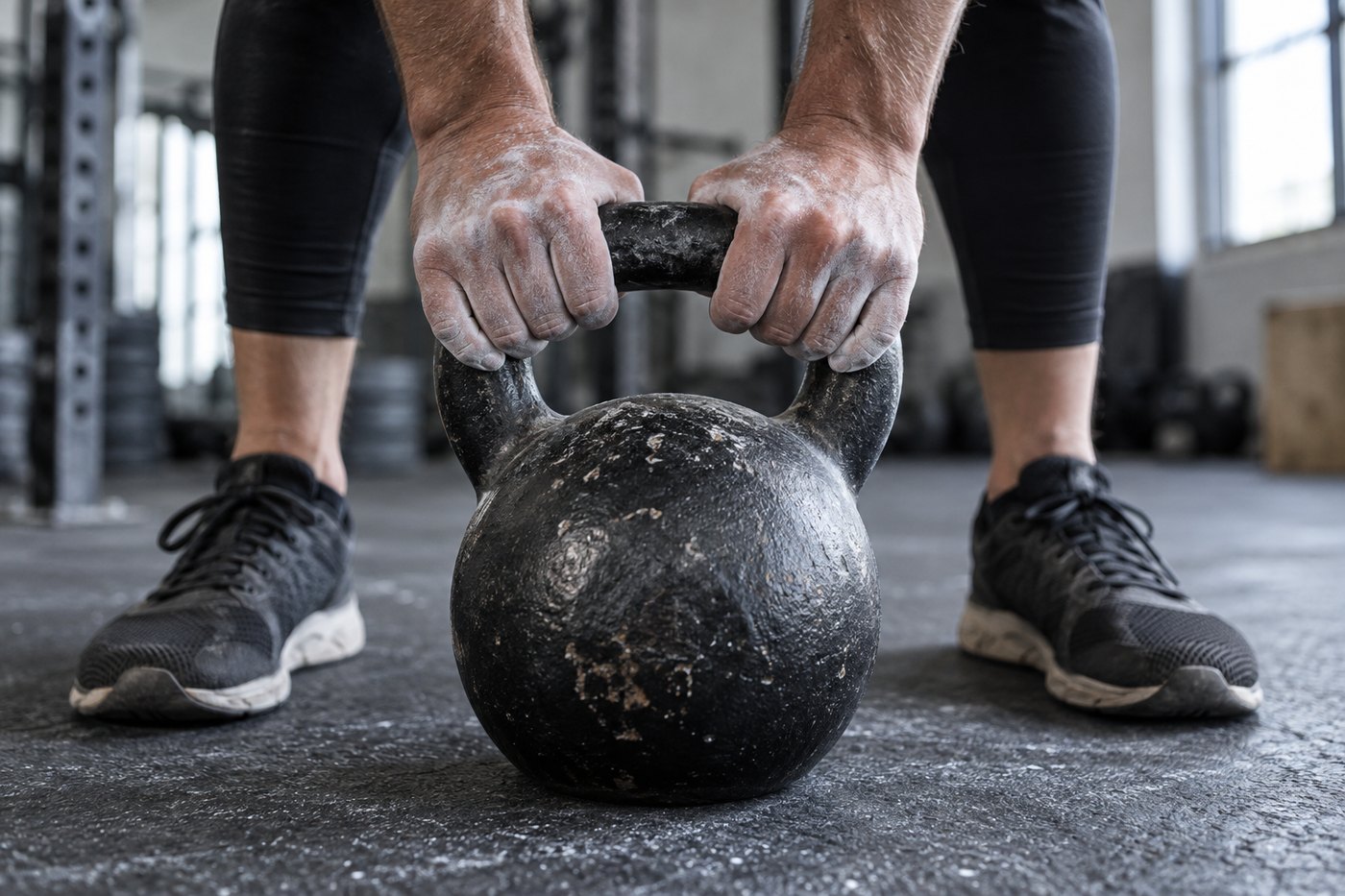 Hands holding a kettlebell handle