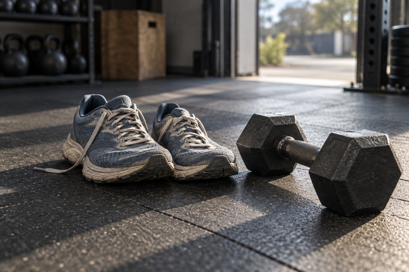 Running shoes beside a dumbbell on a gym floor