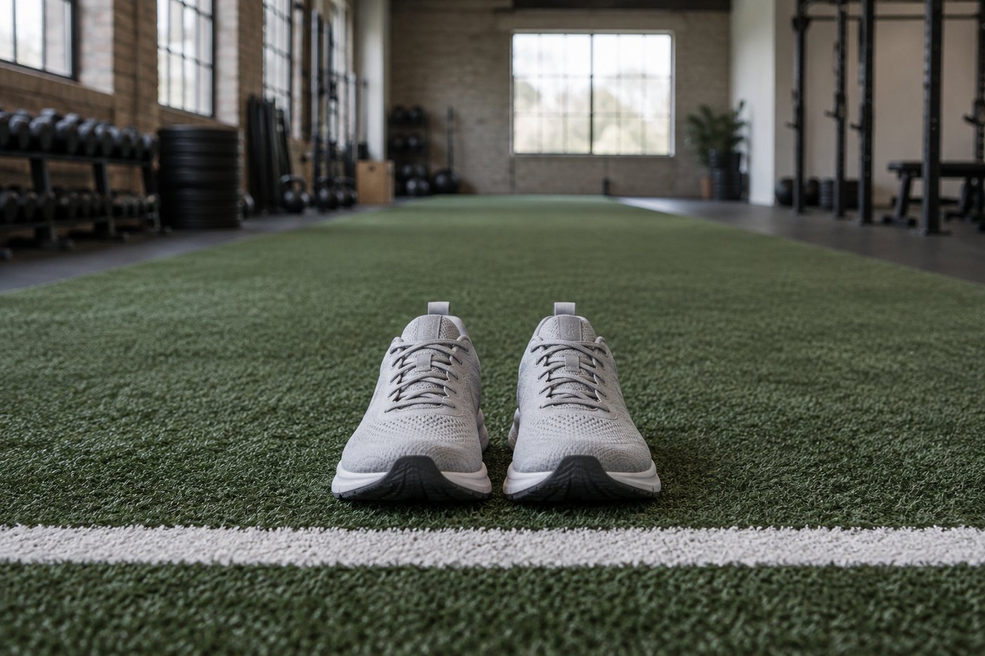 Training shoes beside a clear indoor jump lane