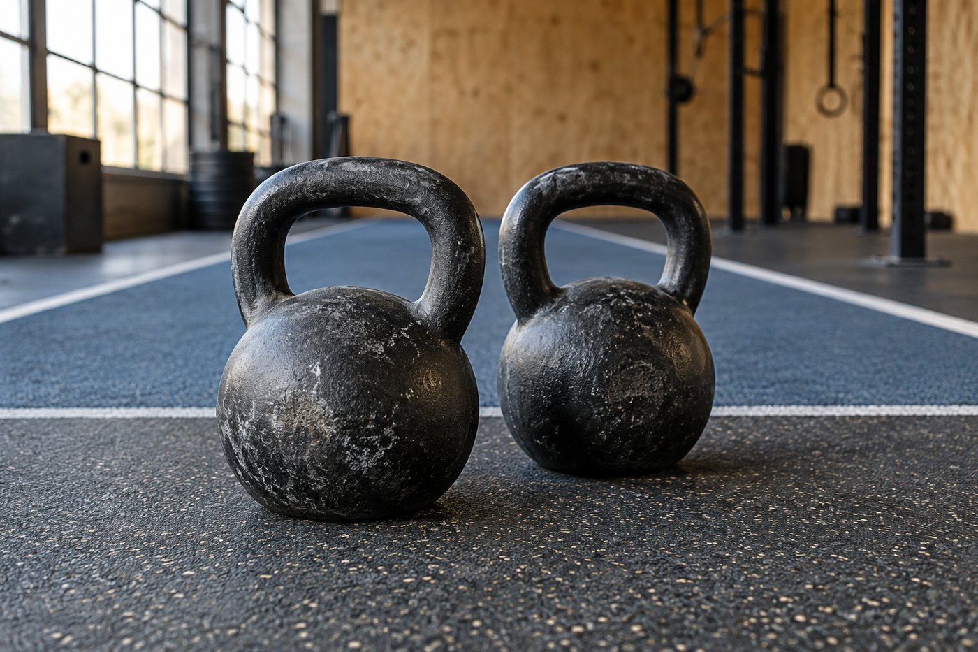 Pair of kettlebells ready for carry practice
