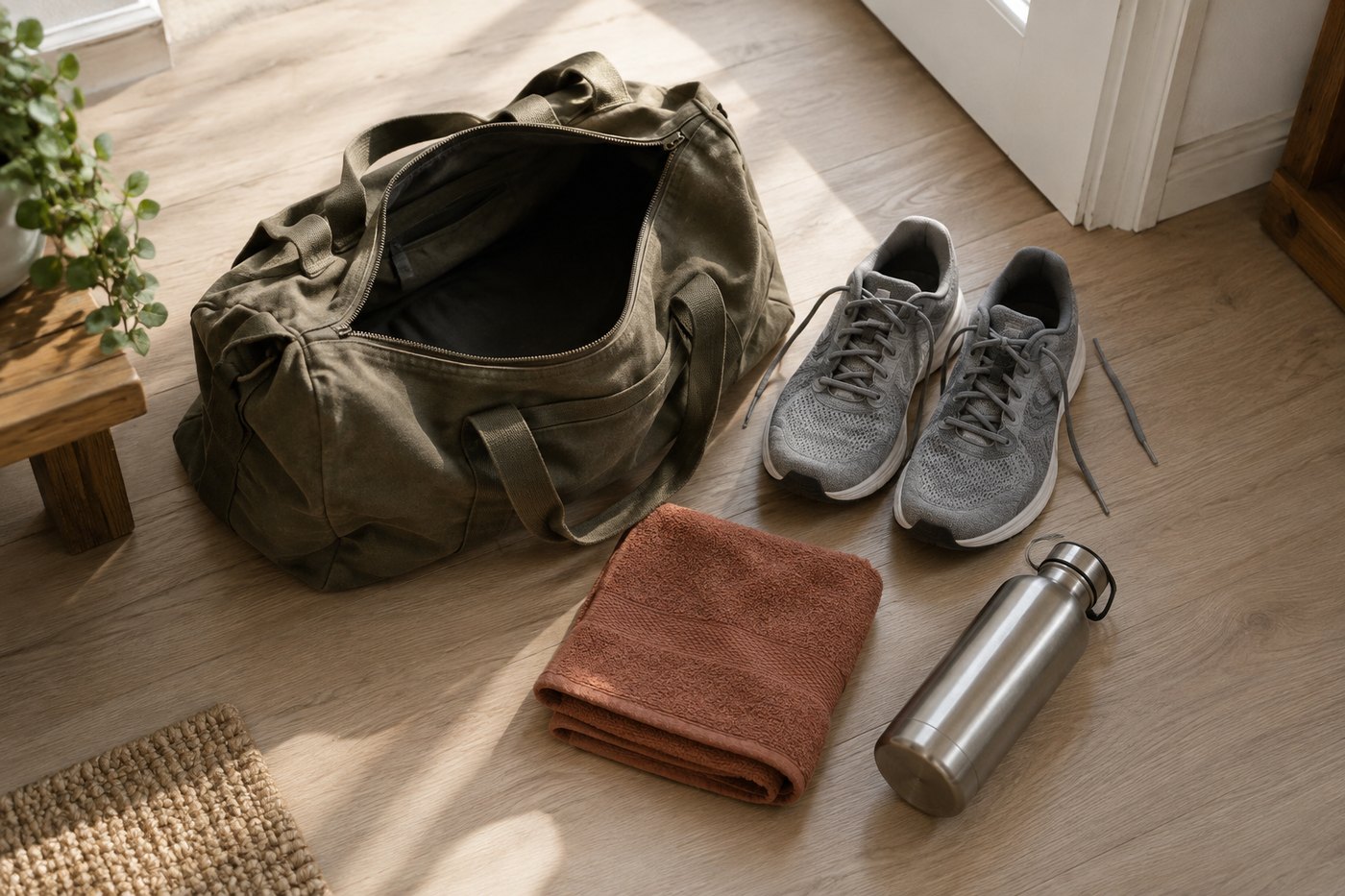 Training bag with shoes, towel and water bottle