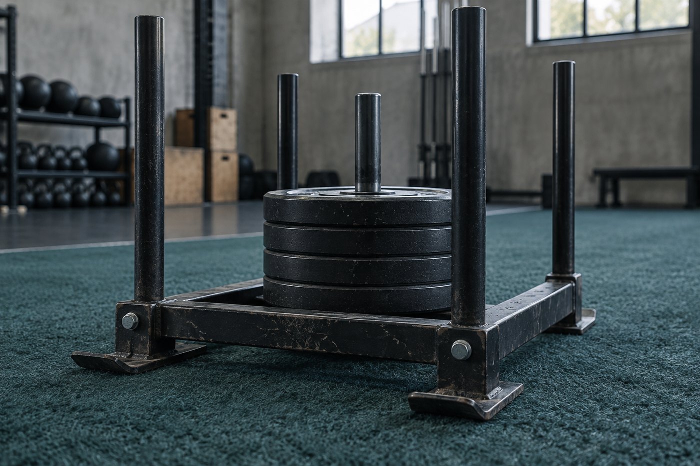 Weighted sled posts and plates on turf