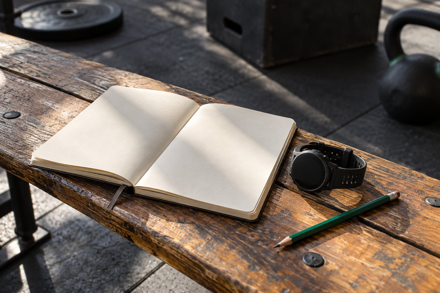 Notebook, watch and pencil on a training bench