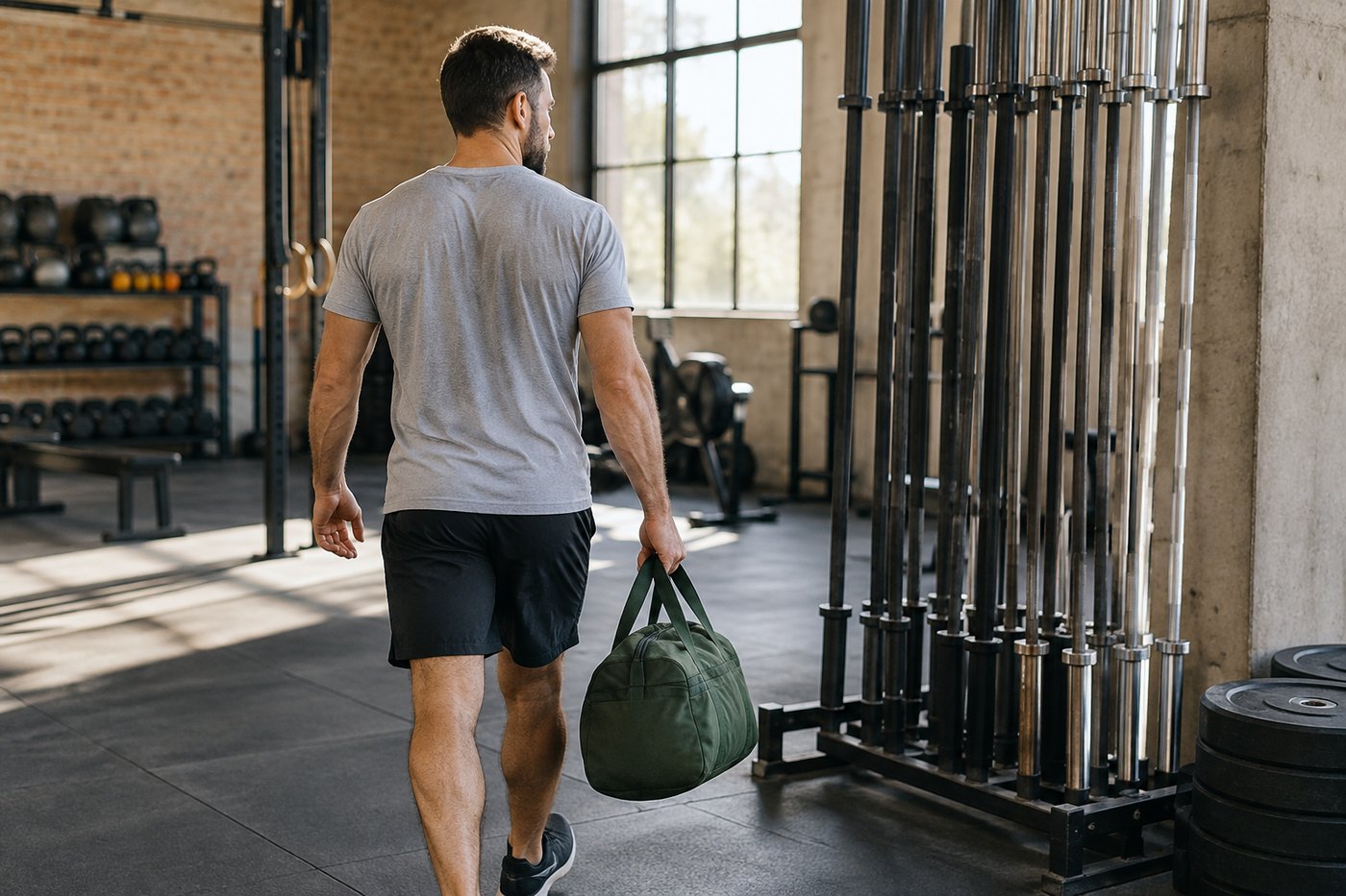 Adult carrying a gym bag past a barbell rack