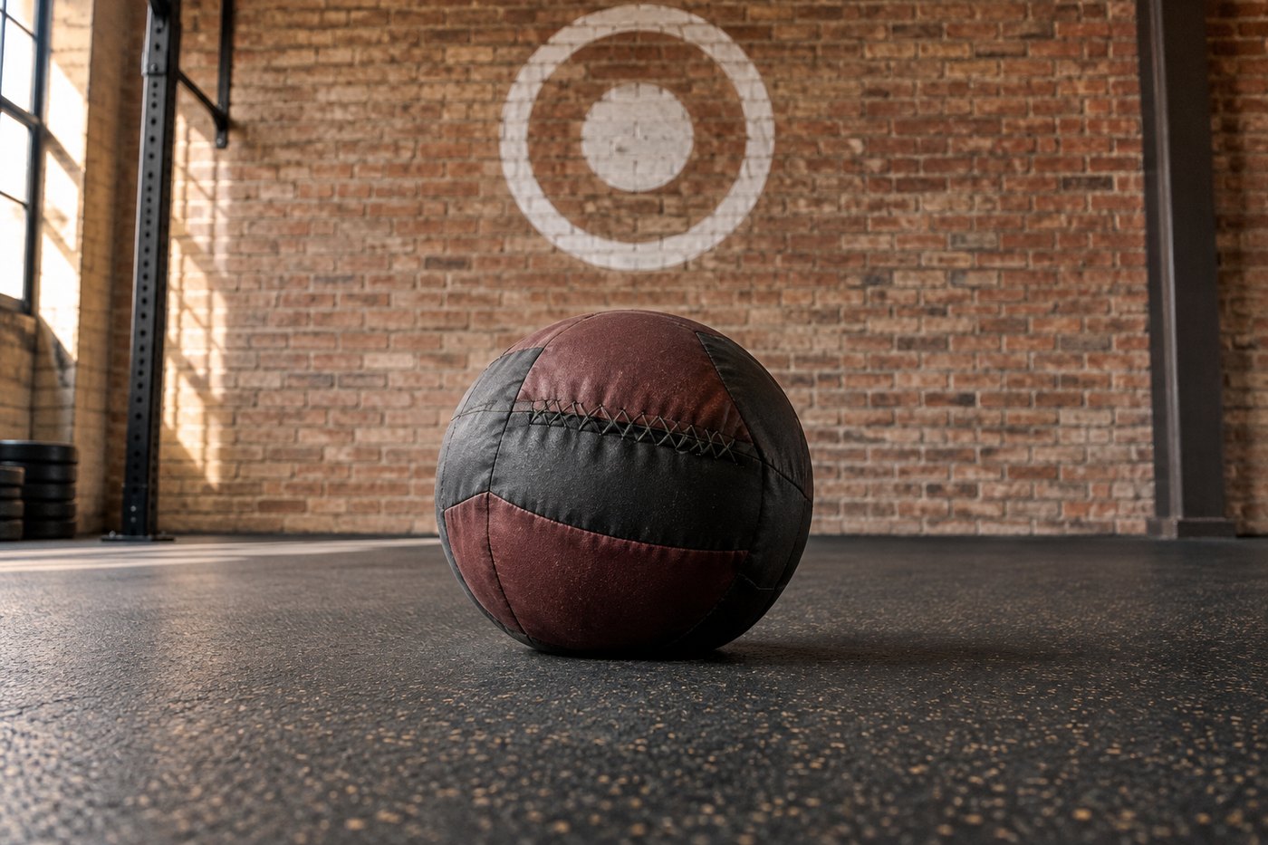 Medicine ball beneath a wall target
