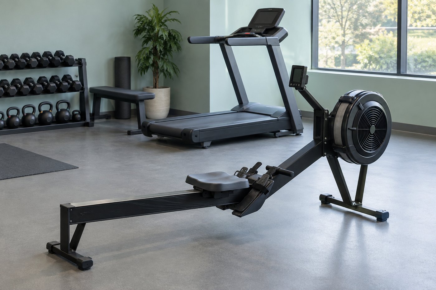 Indoor rower and treadmill ready for training