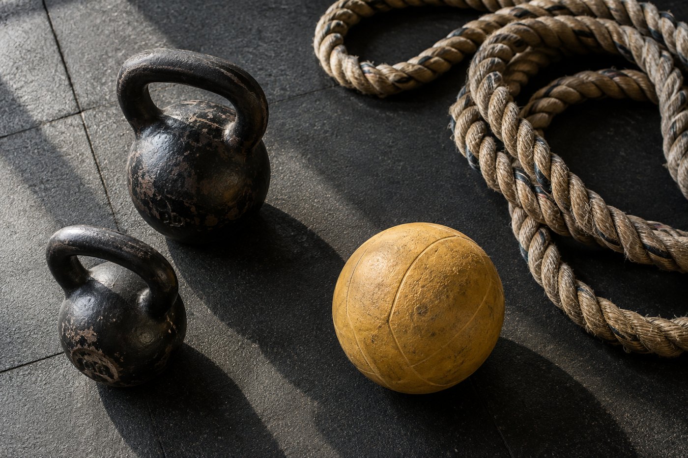 Kettlebells, rope and medicine ball arranged on a gym floor