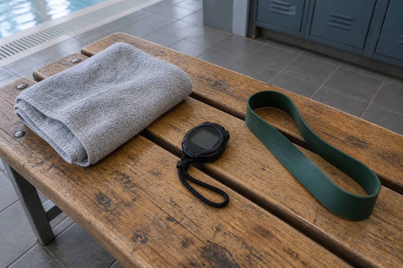 Stopwatch, towel and resistance band on a bench