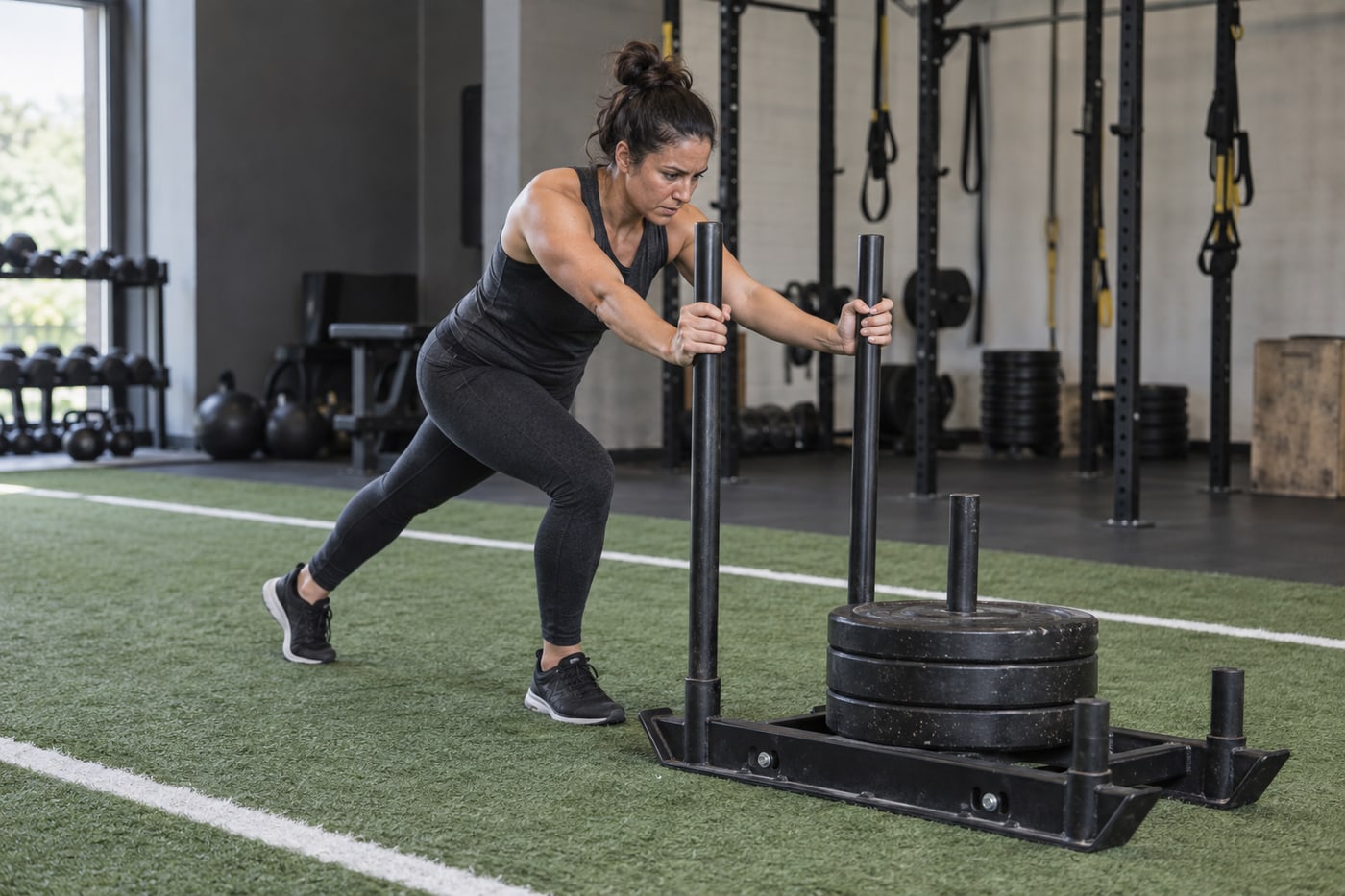 Athlete pushing a weighted sled in an indoor gym
