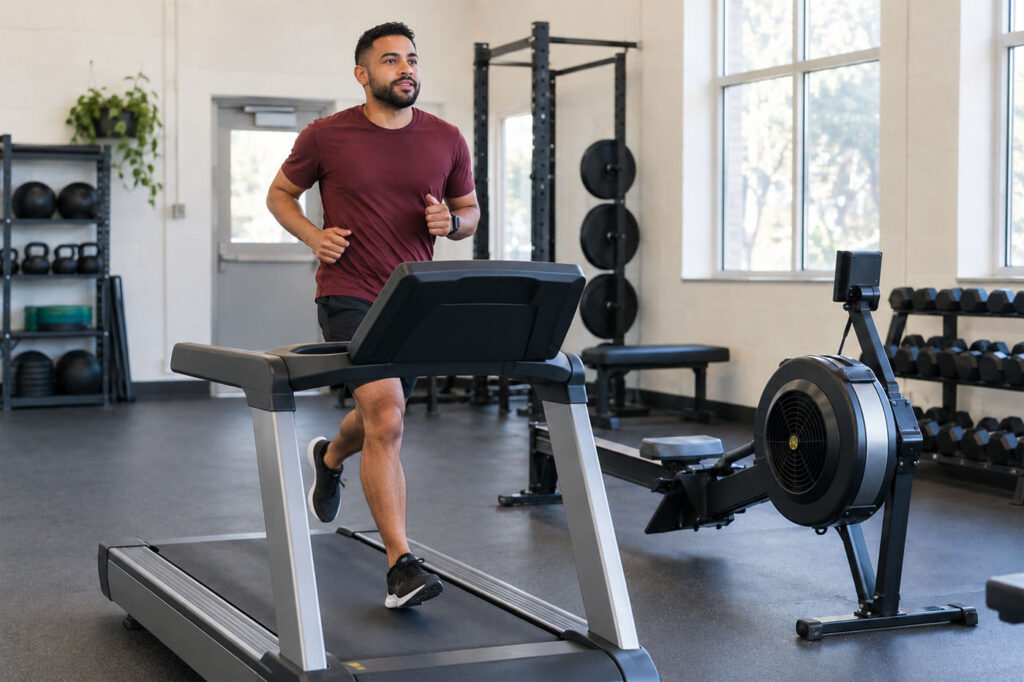 Athlete preparing for a run-and-row gym session 2