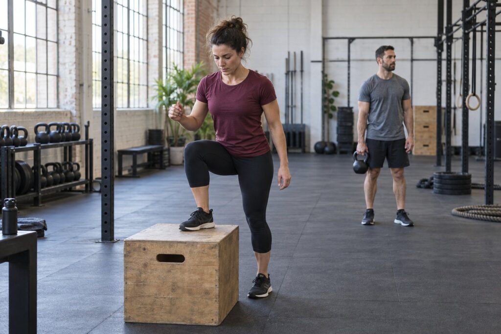 Adults working at separate functional gym stations