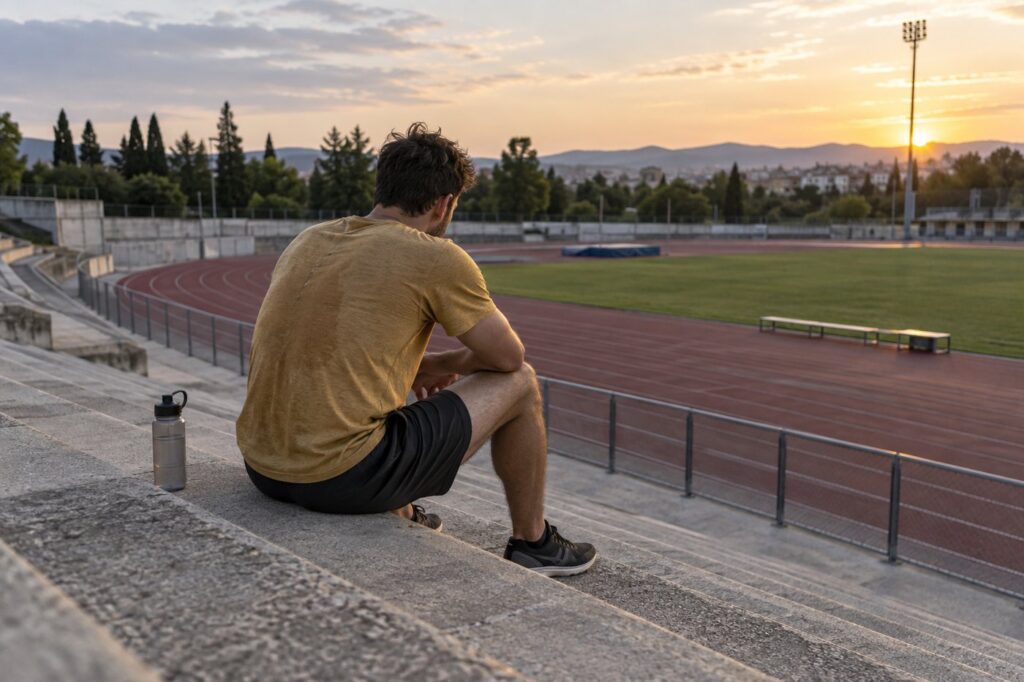 Adult resting on outdoor stadium steps after training