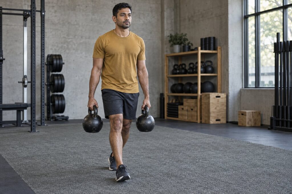 Athlete carrying one kettlebell in each hand