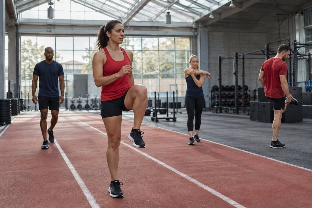 Adults warming up in an indoor fitness space