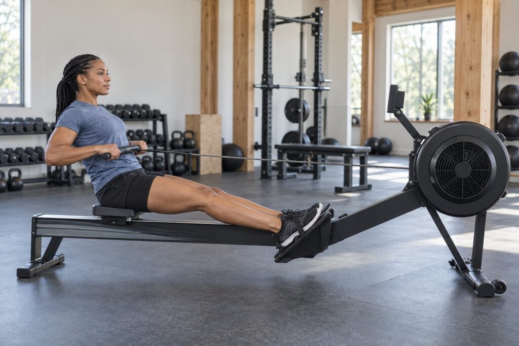 Athlete using an indoor rowing machine
