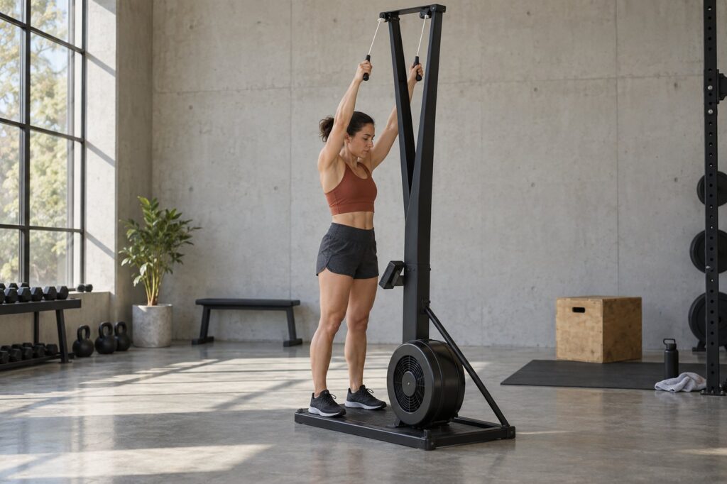 Athlete using a vertical SkiErg in a gym