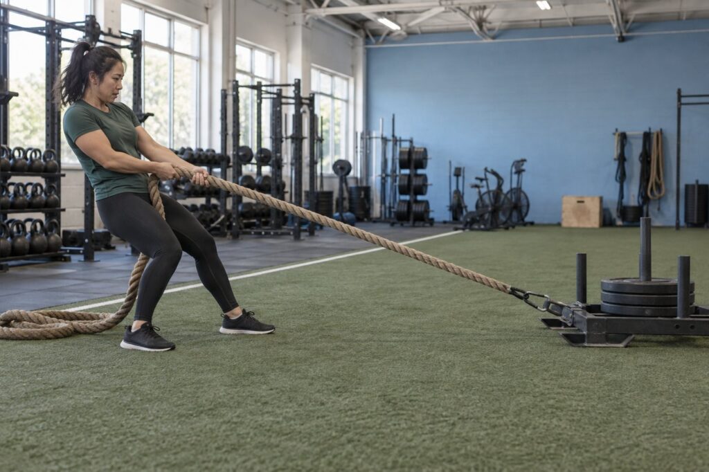 Standing athlete pulling a rope attached to a gym sled