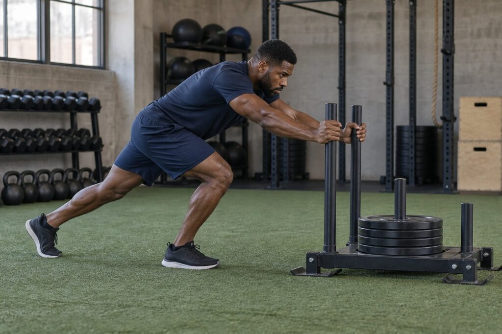 Athlete pushing a weighted sled along gym turf