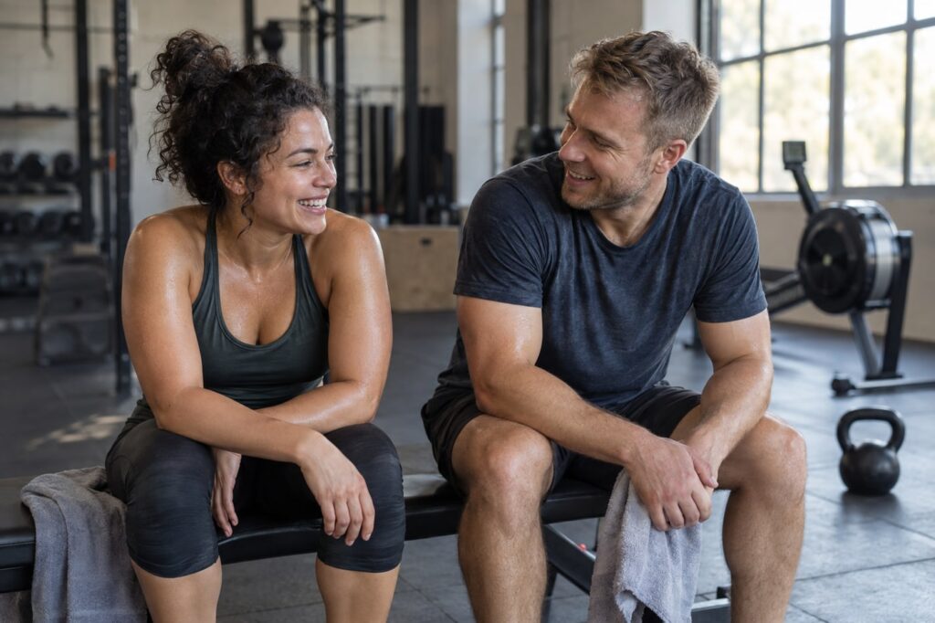 Two fictional adults chatting on a gym bench after exercise