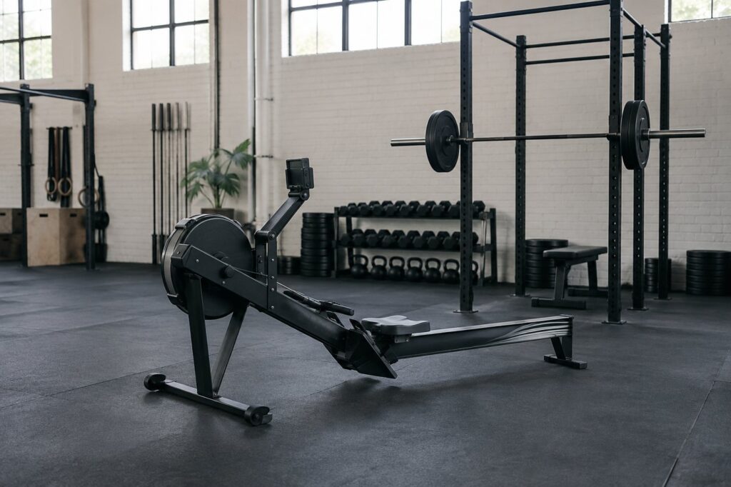 Functional gym with a rowing machine and squat rack