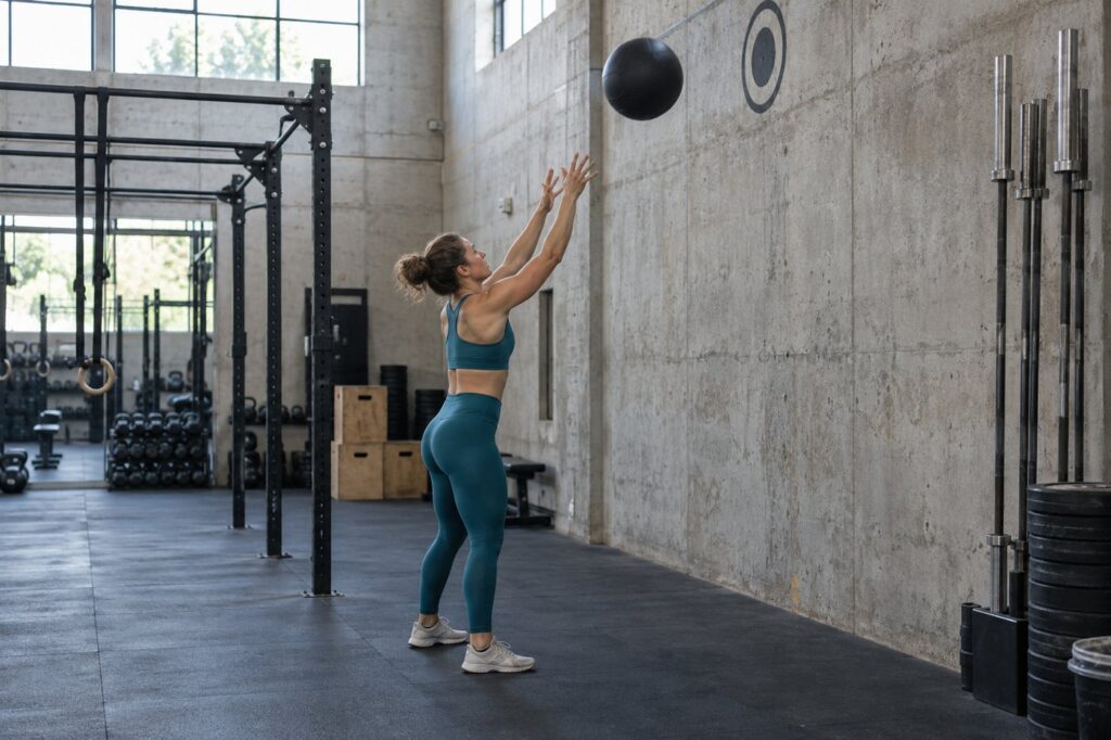 Athlete throwing a medicine ball towards a gym target