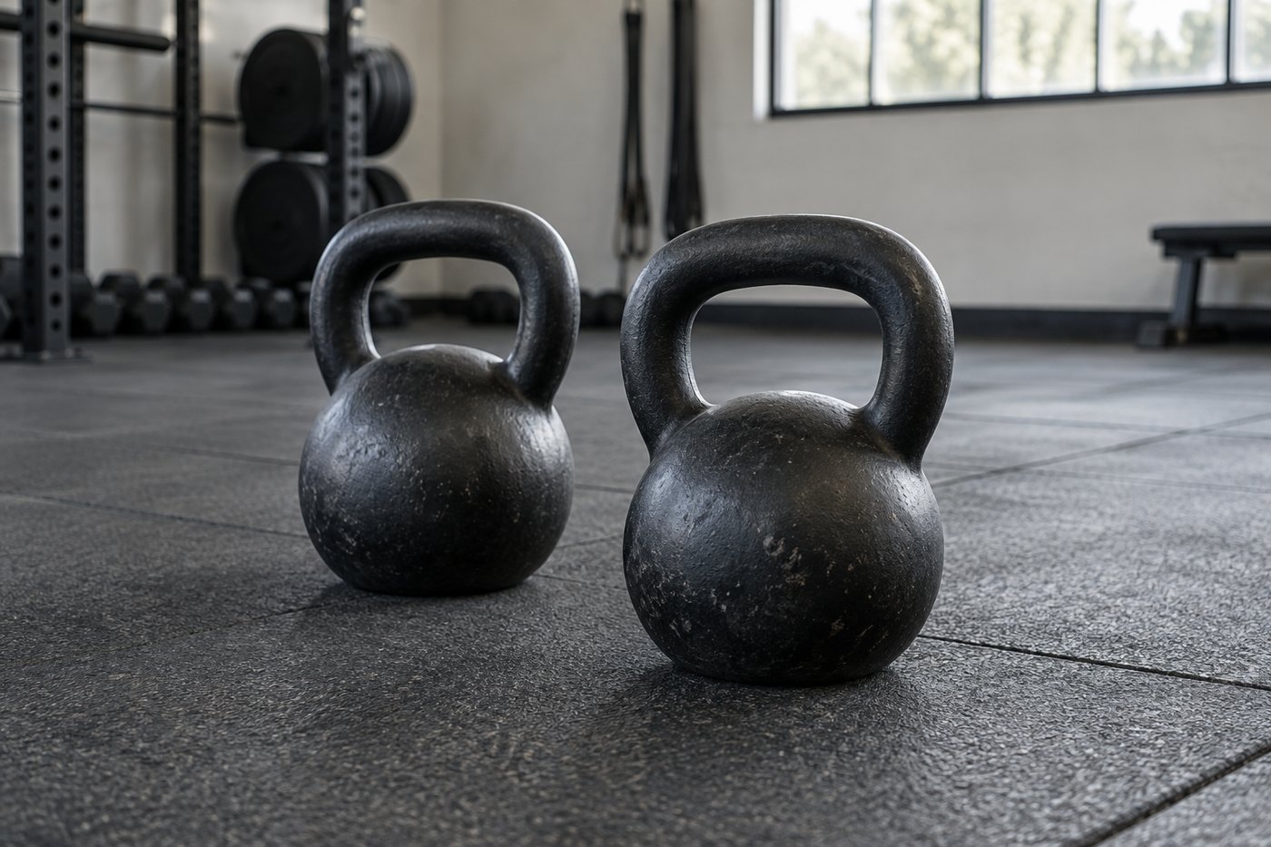 Pair of kettlebells on a gym floor