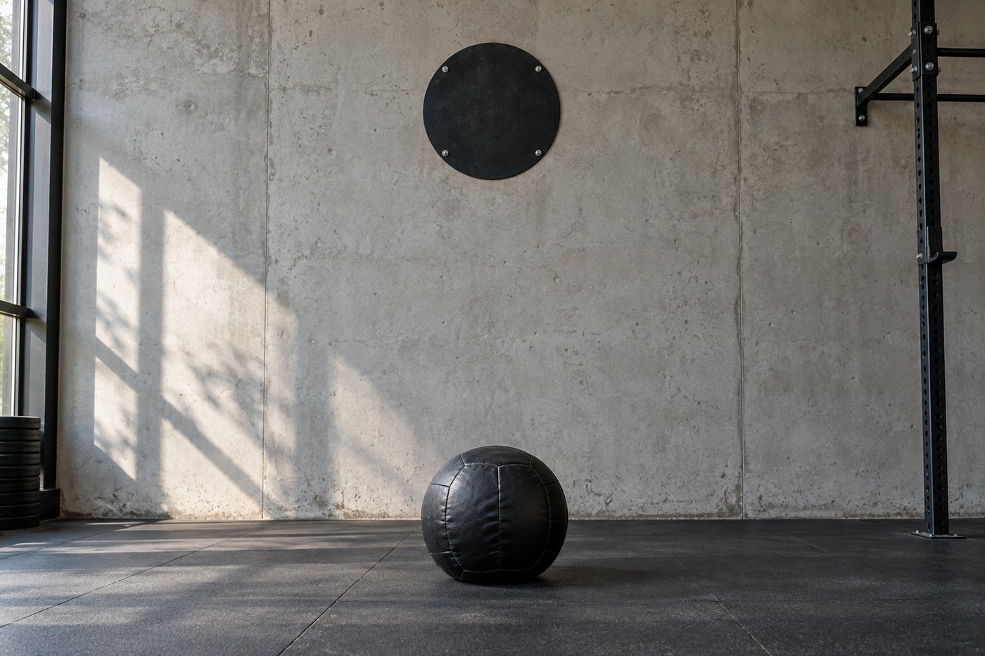 Medicine ball beneath a round wall target