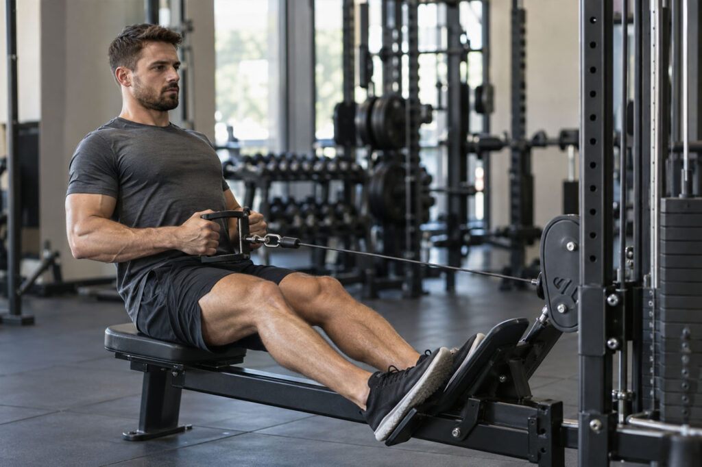 Seated Cable Row: Male athlete performing a seated cable row in a gym.
