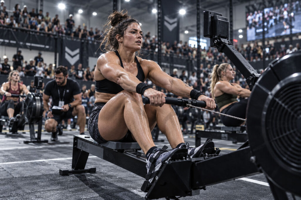 Female athlete completing the rowing station during a HYROX conditioning test