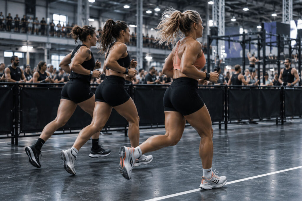Female athletes running during an indoor HYROX race simulation