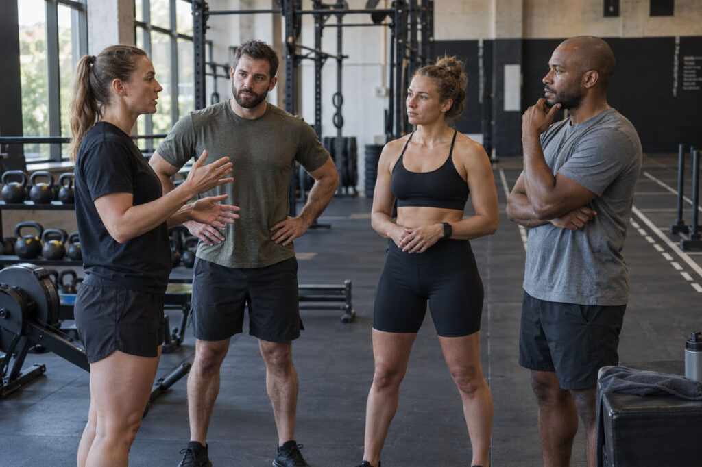 Coach explaining a HYROX training session to three athletes in a functional gym.