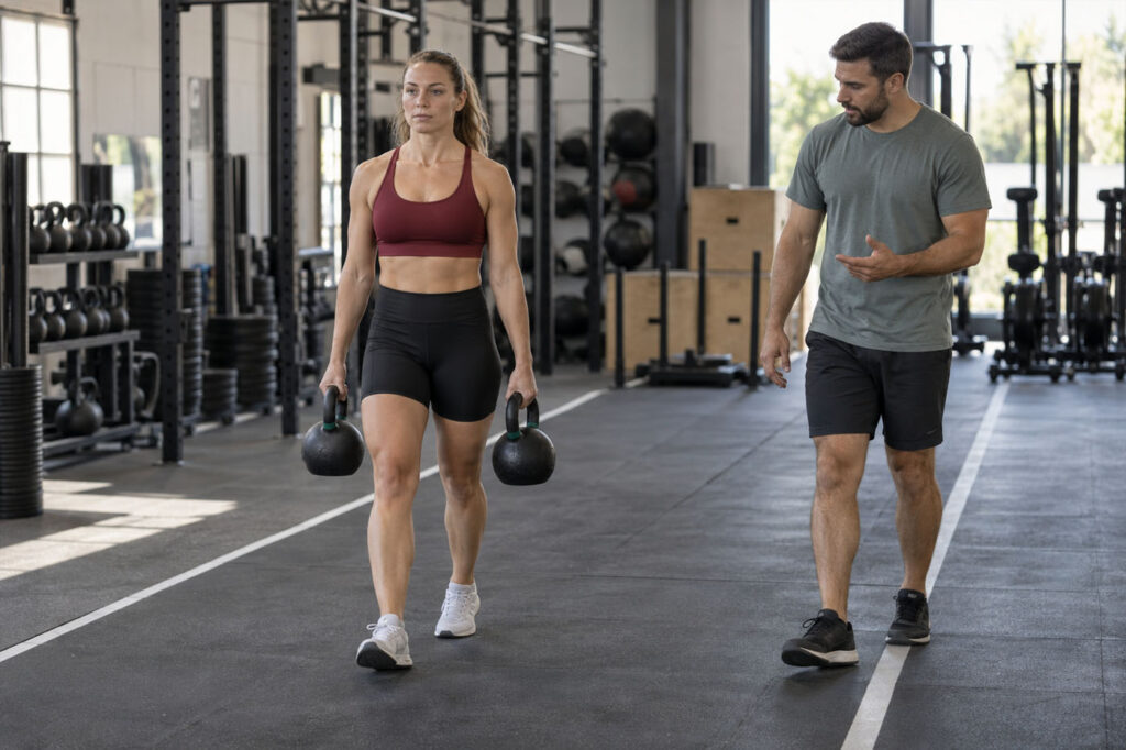 Female athlete carrying two kettlebells along a gym lane while a coach observes her technique.