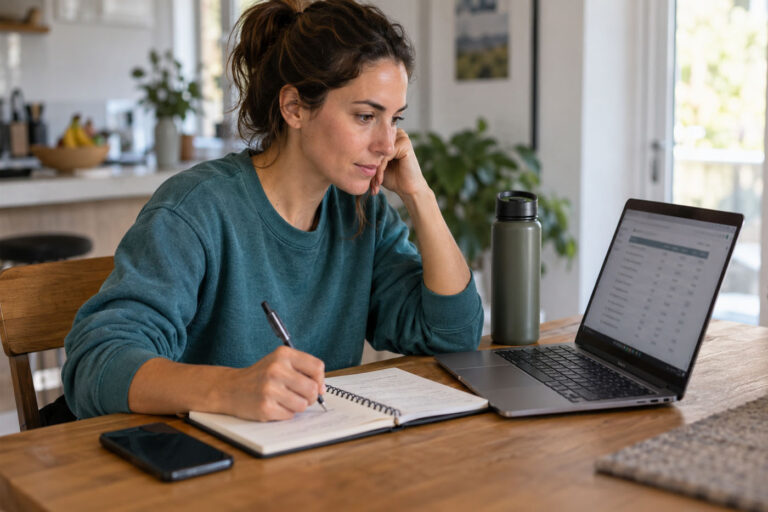 Female athlete reviewing HYROX race split times on a laptop while writing training notes in a notebook at home.