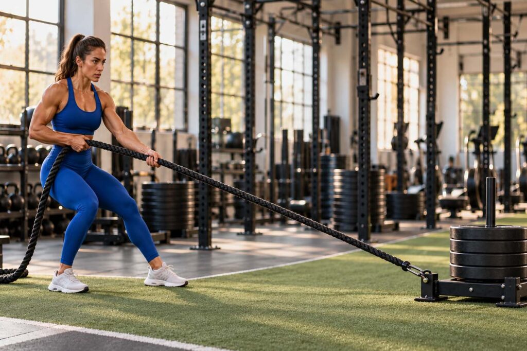 1. Female athlete in a blue sports bra and tights pulling a weighted sled with a rope.