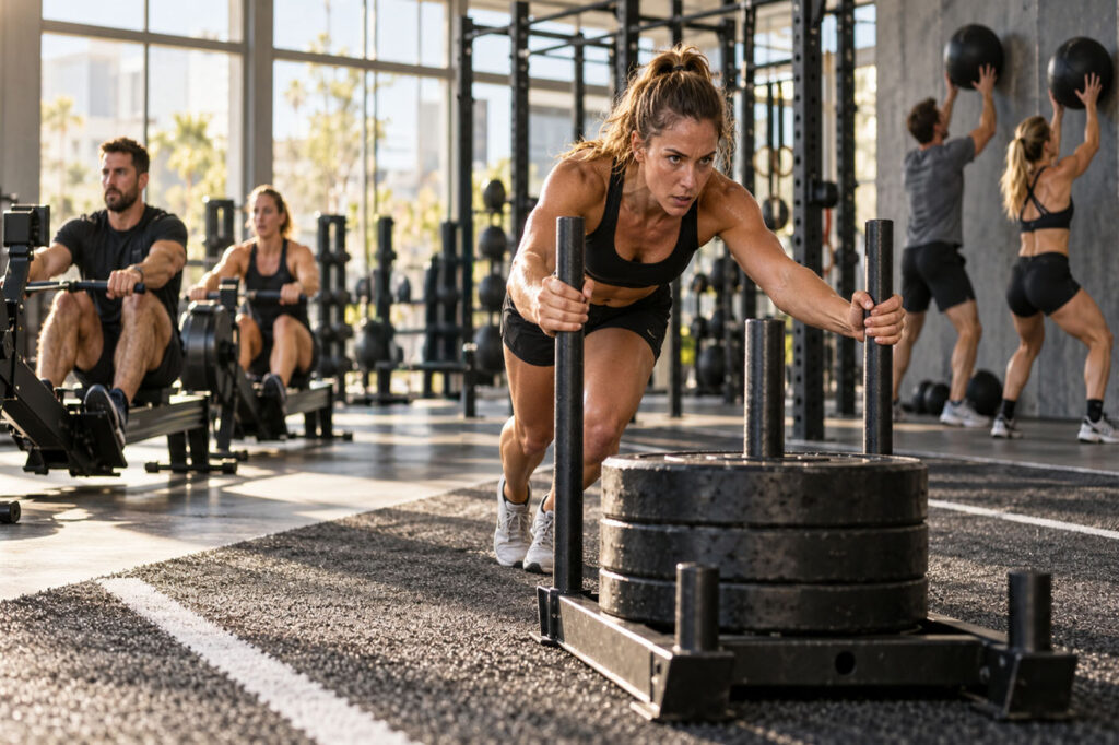 Athlete pushing a sled during a HYROX training class