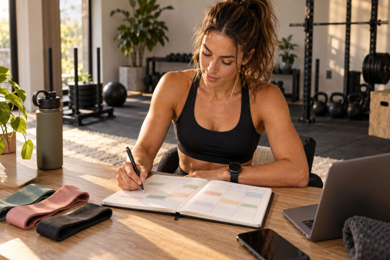 Athlete planning a weekly HYROX training schedule with running shoes and gym equipment