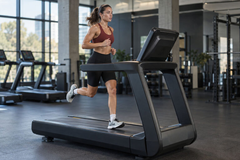 Female athlete running on a commercial treadmill during a training session in a modern gym.