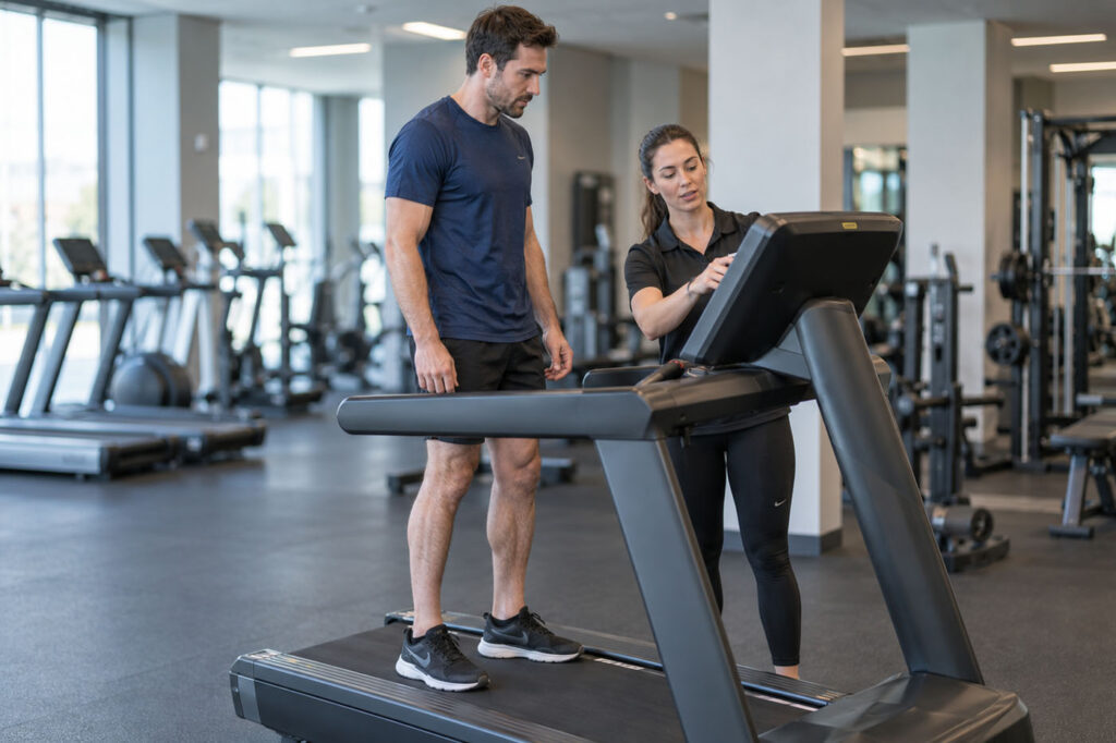Gym staff member explaining treadmill controls to a male athlete before a supervised 5K run.