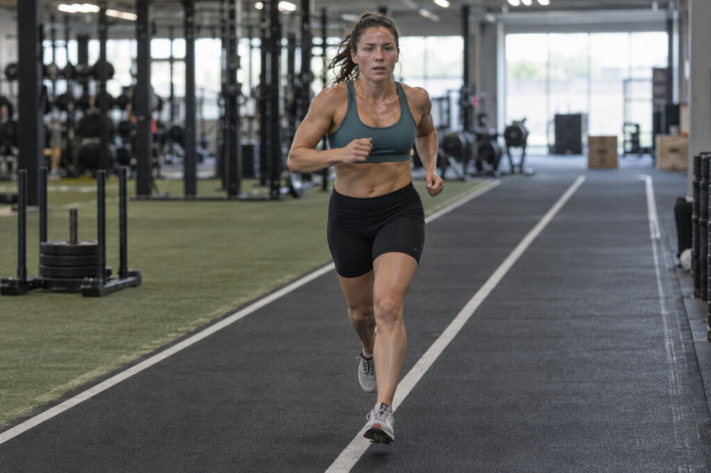 Female athlete running on an indoor gym track after a sled push, with a weighted sled in the adjacent turf lane.