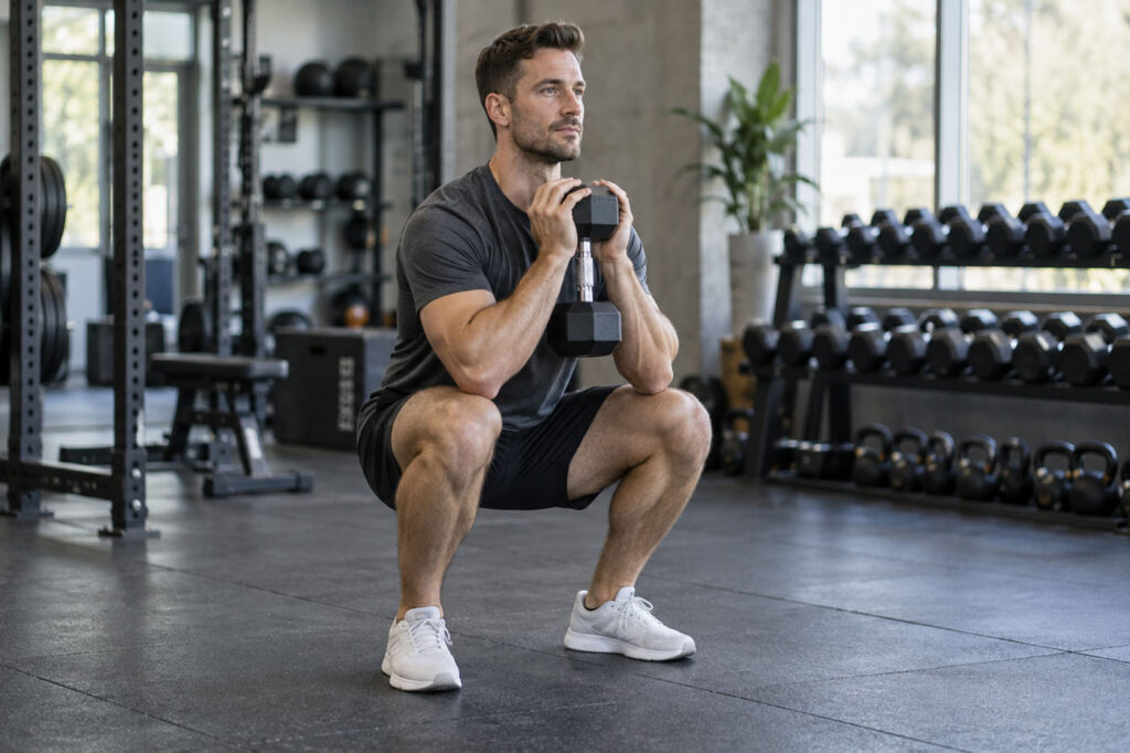 Male athlete performing a controlled dumbbell goblet squat during a light strength session.