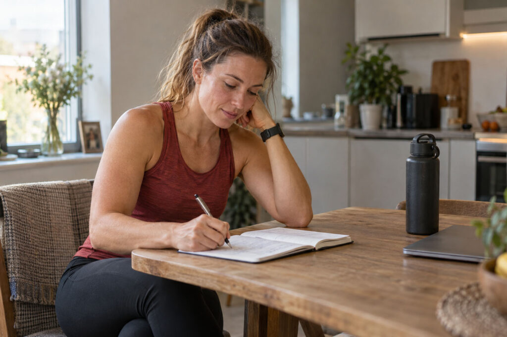 Female athlete writing post-race reflections and training notes at a kitchen table.