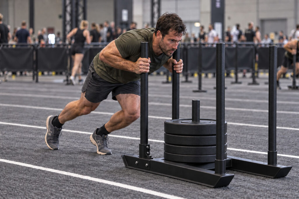 Male athlete pushing sled